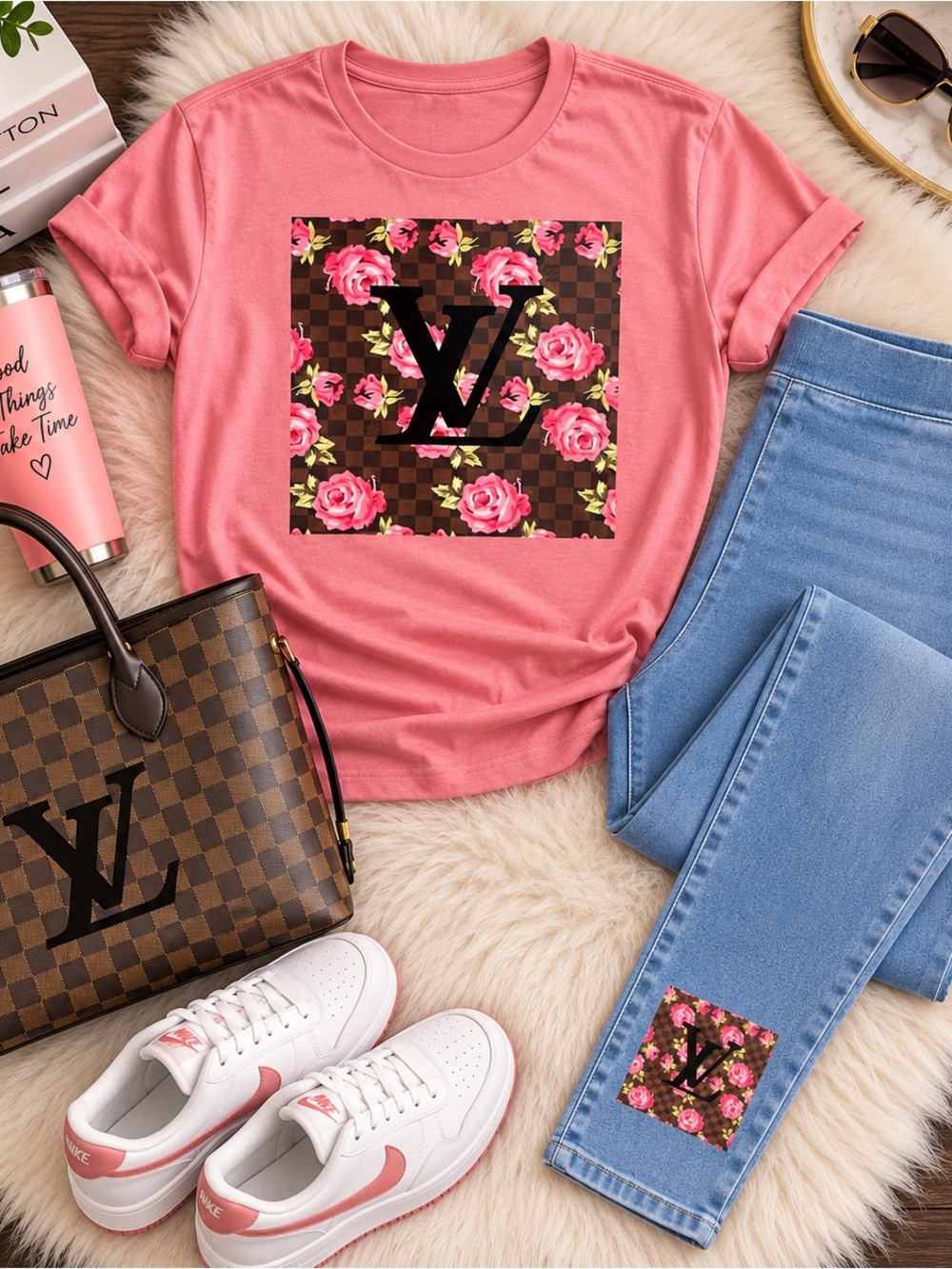Pink Floral Logo Graphic Tee with Matching Jeggings - Women